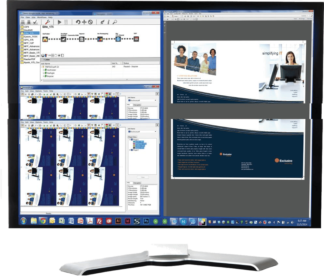 Software StudioRIP XF en pantalla: gestor de trabajos, hot folder de flujo de trabajo y previsualización de imposición